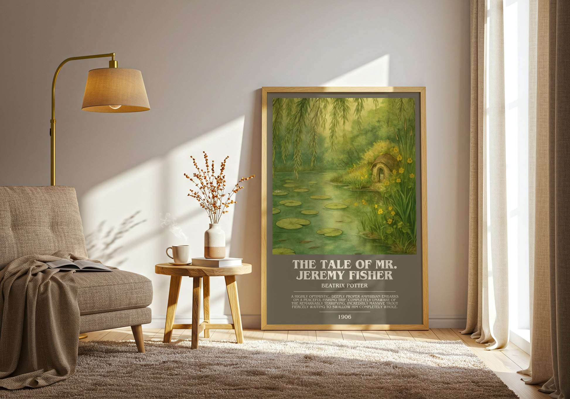 The Tale Of Mr. Jeremy Fisher bookish print on bookshelf – Beatrix Potter fan gift