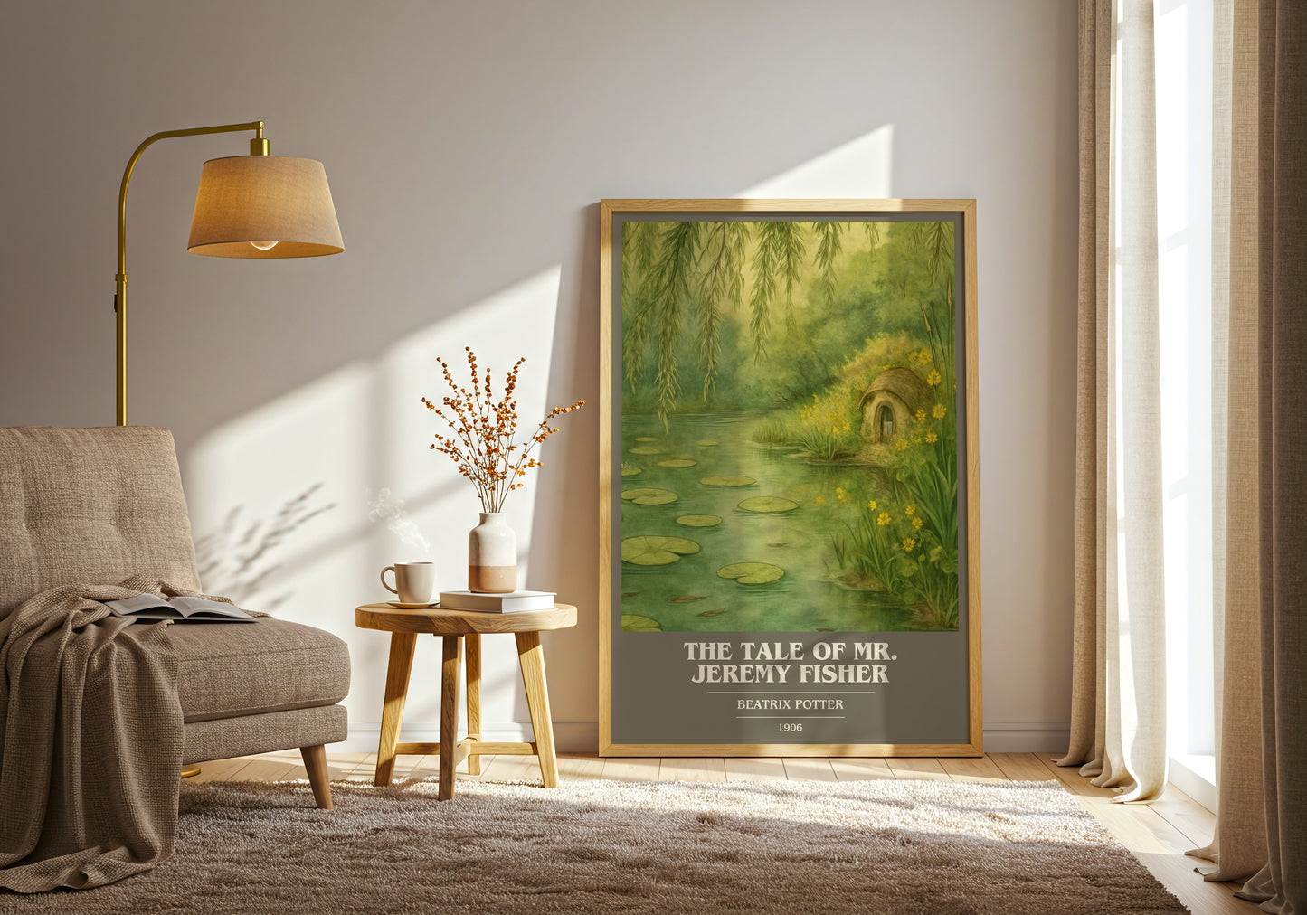 The Tale Of Mr. Jeremy Fisher book cover print on bookshelf – Beatrix Potter fan gift