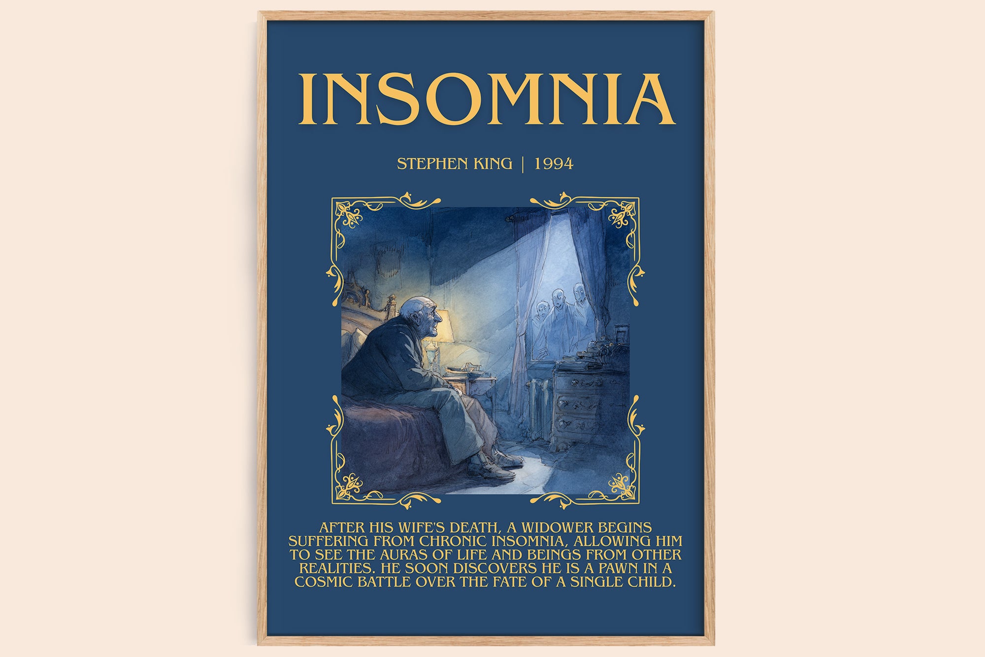 Insomnia minimalist book poster by Stephen King – framed literary art print