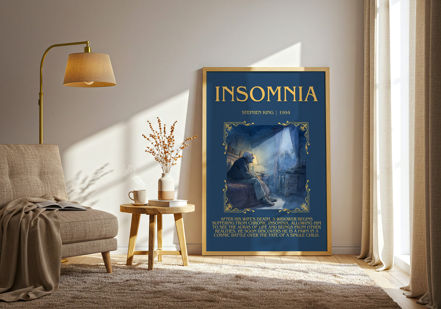 Insomnia minimalist print in frame leaning in hallway – horror wall art