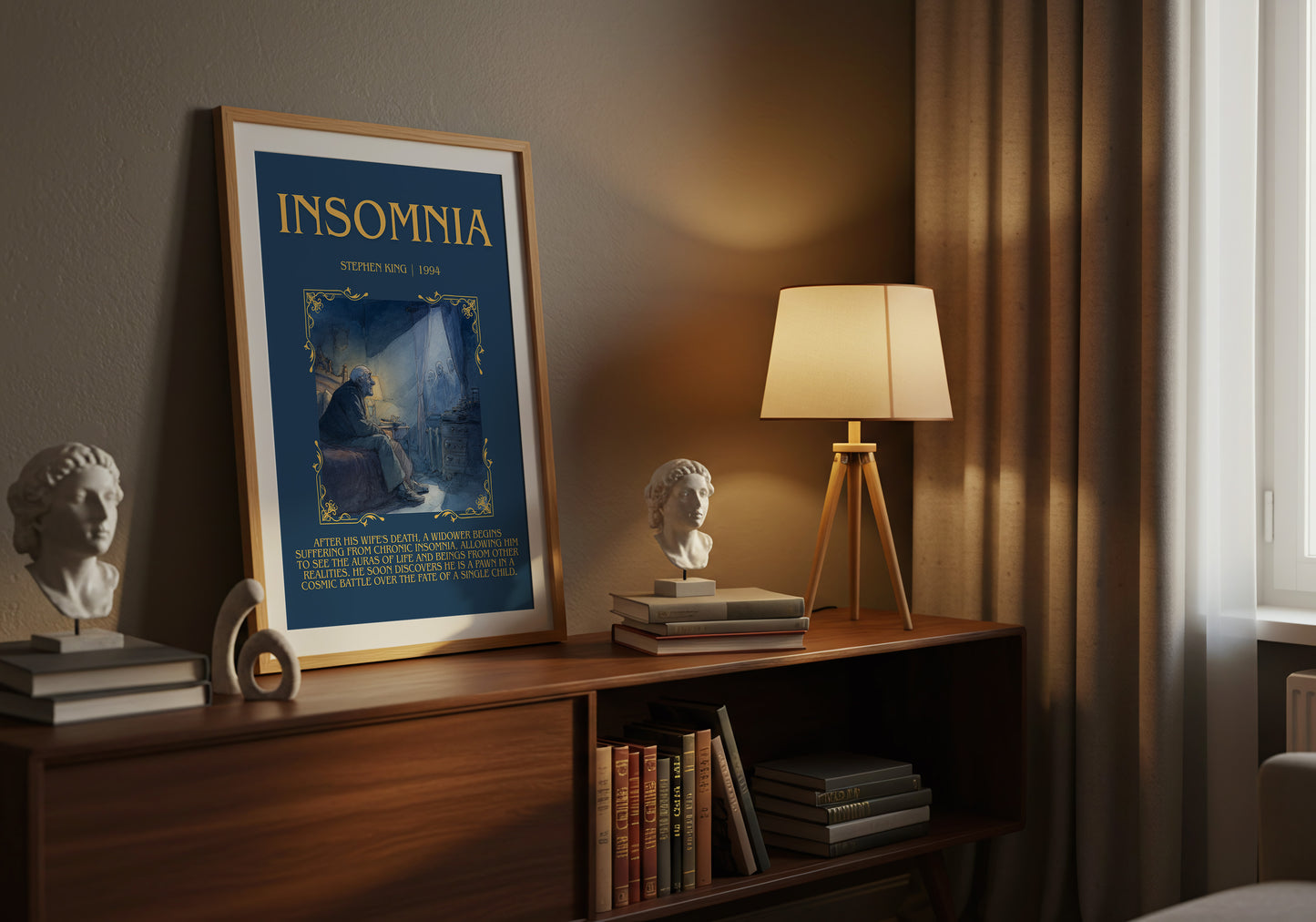 Insomnia minimalist book poster framed on wall – horror wall art