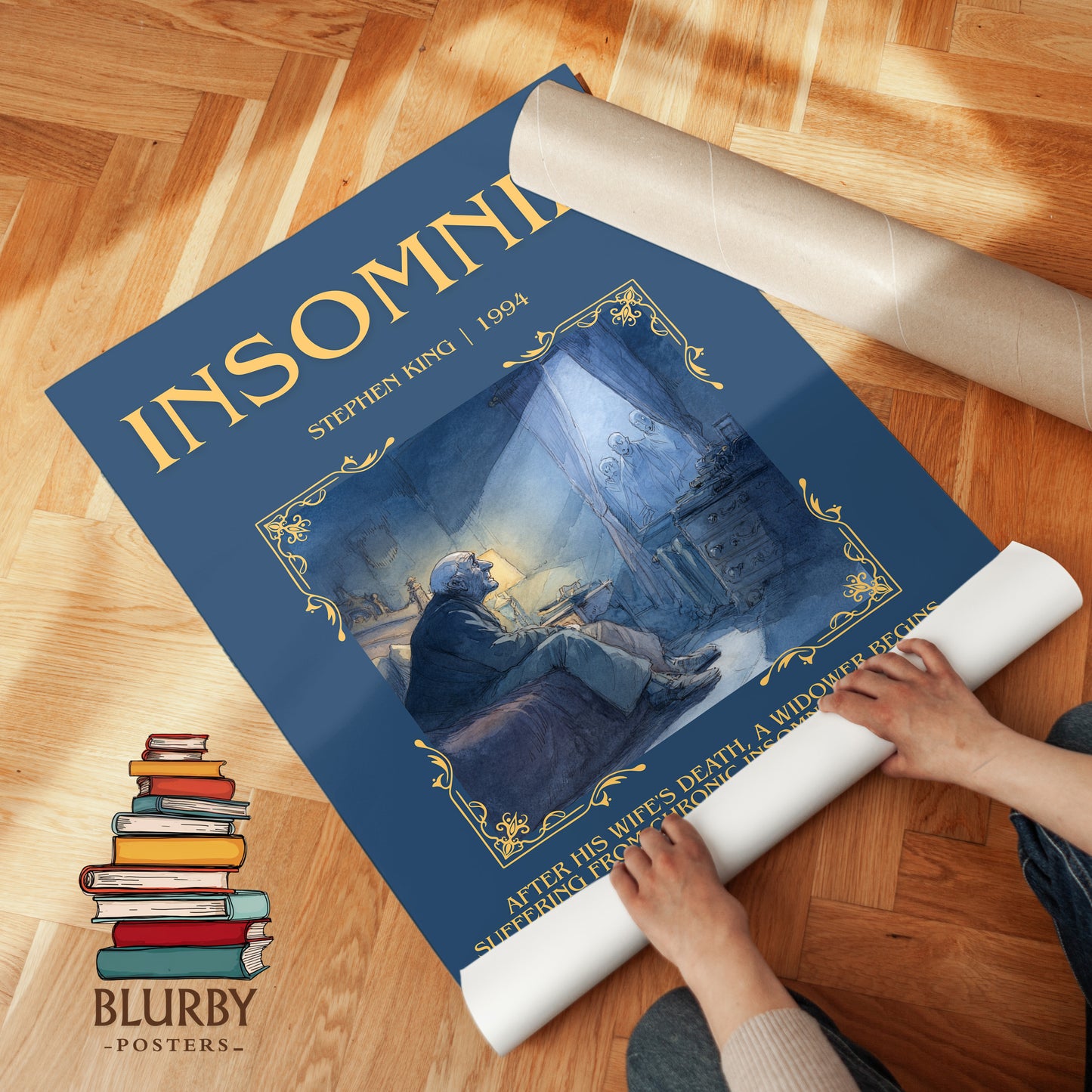 Insomnia minimalist print on bookshelf – Stephen King fan gift
