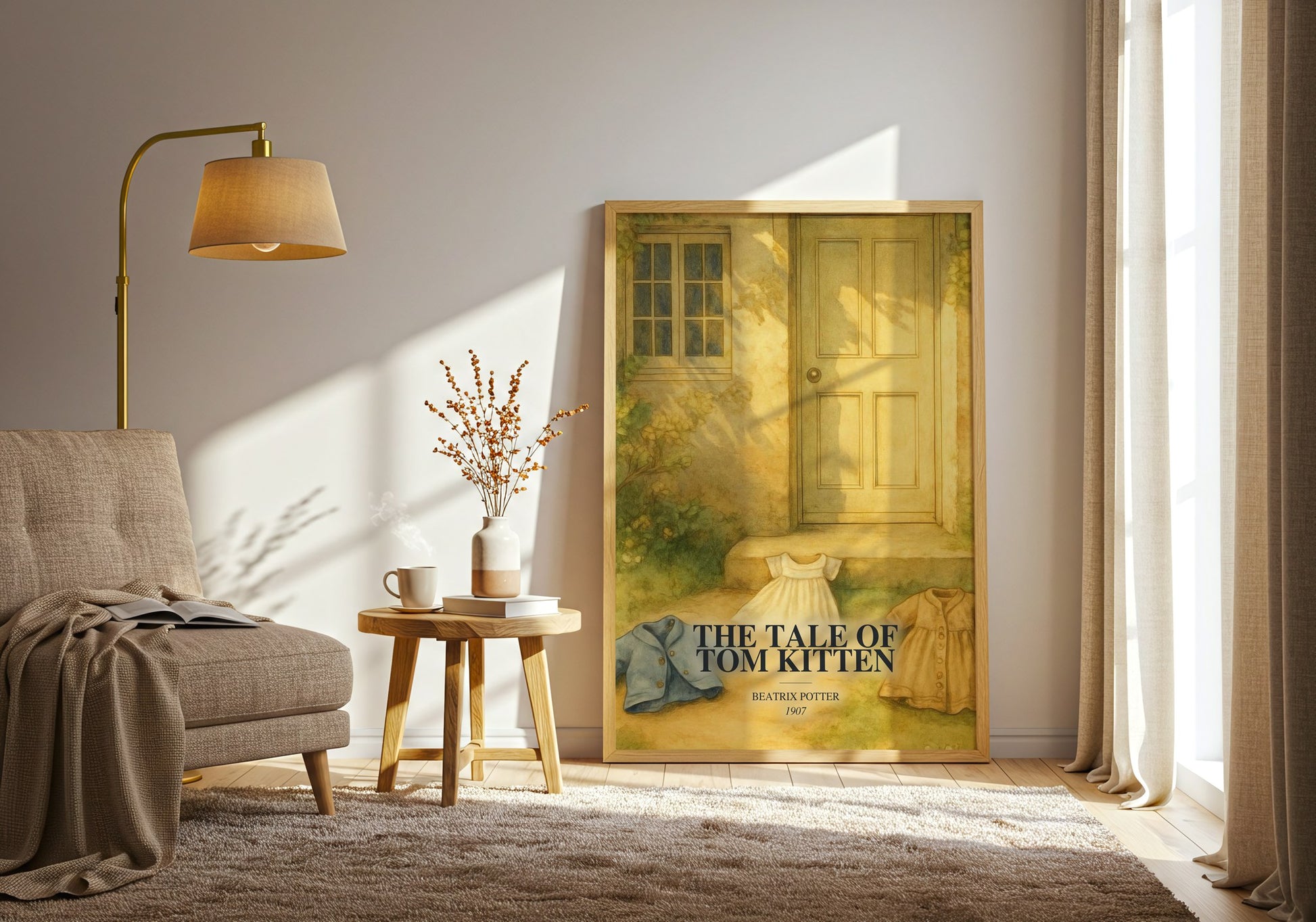 The Tale Of Tom Kitten watercolour print in frame leaning in hallway – childrens wall art
