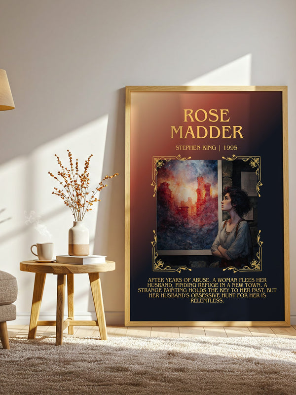 Rose Madder minimalist print in frame leaning in hallway – horror wall art