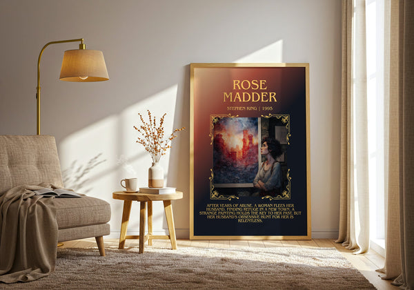 Rose Madder minimalist print in frame leaning in hallway – horror wall art
