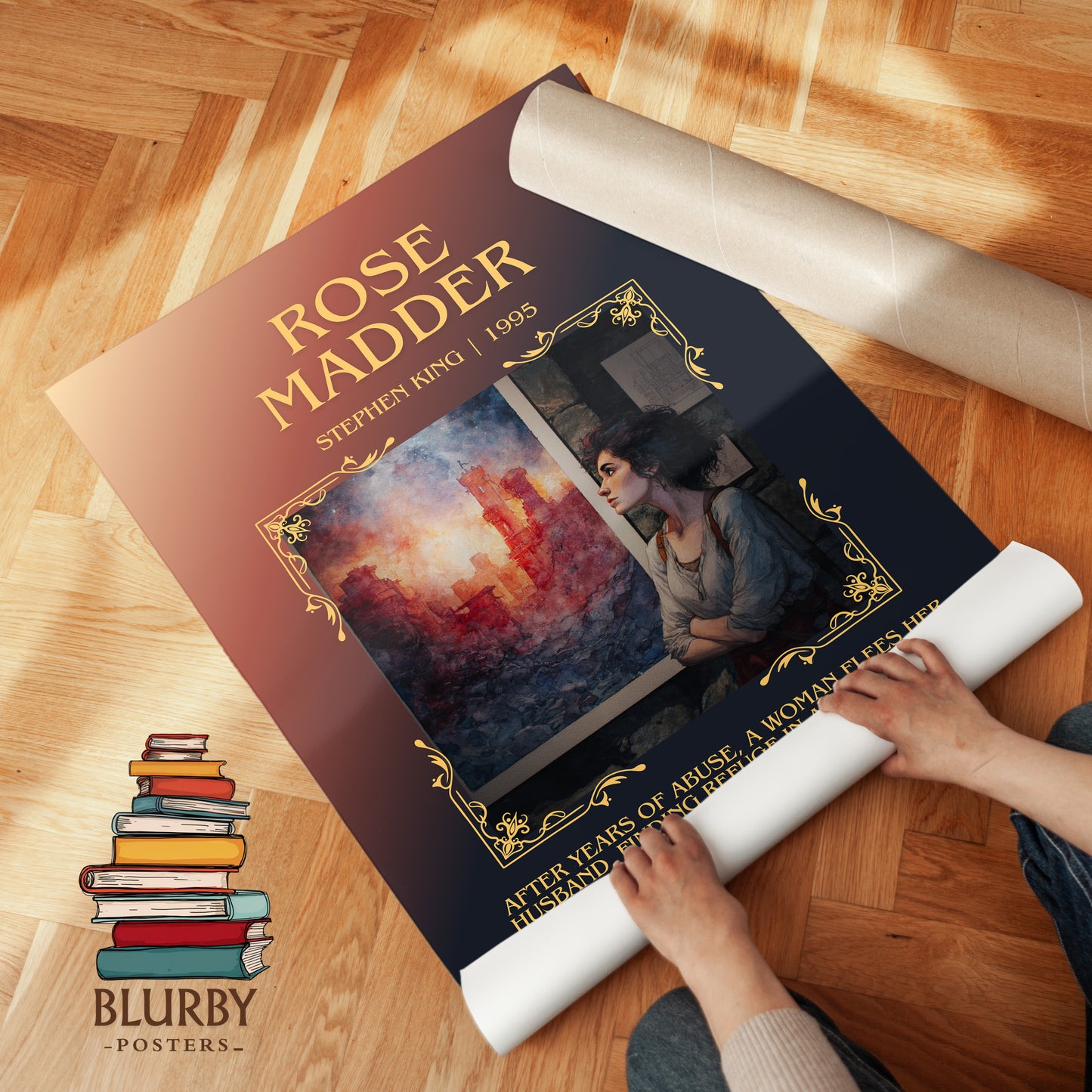 Rose Madder minimalist print on bookshelf – Stephen King fan gift