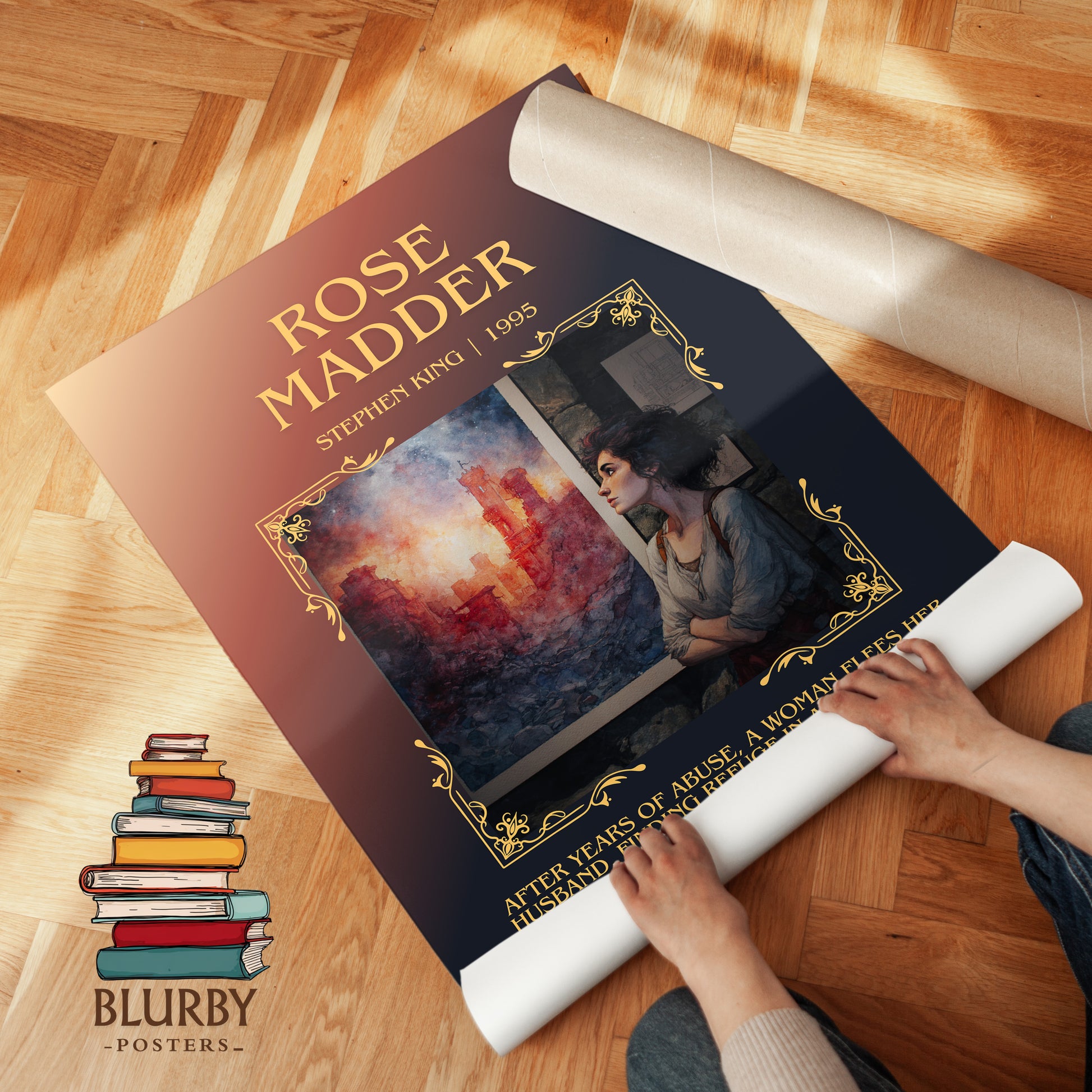 Rose Madder minimalist print on bookshelf – Stephen King fan gift
