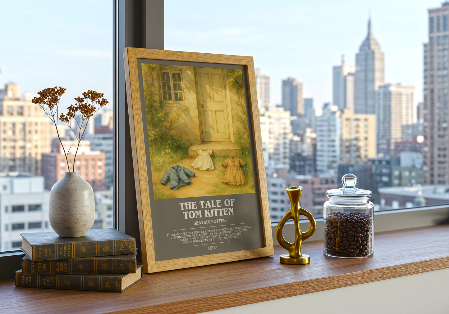 The Tale Of Tom Kitten bookish print framed by window – literary home decor