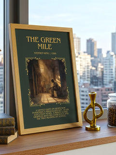 The Green Mile Minimalist Book Poster by Stephen King – framed print on a city-view windowsill