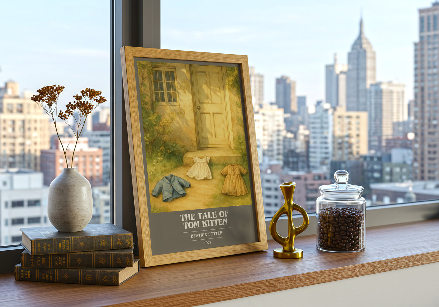 The Tale Of Tom Kitten book cover print framed by window – literary home decor