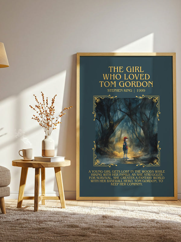 The Girl Who Loved Tom Gordon minimalist print in frame leaning in hallway – horror wall art