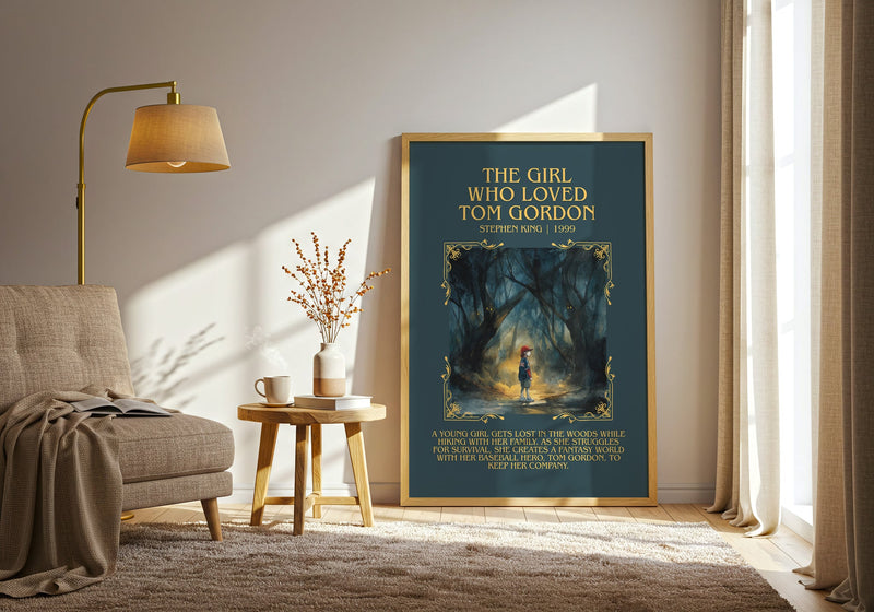 The Girl Who Loved Tom Gordon minimalist print in frame leaning in hallway – horror wall art