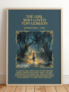 The Girl Who Loved Tom Gordon Minimalist Book Poster by Stephen King – framed print leaning on a wooden floor