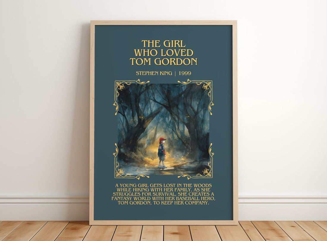The Girl Who Loved Tom Gordon Minimalist Book Poster by Stephen King – framed print leaning on a wooden floor
