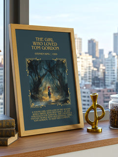 The Girl Who Loved Tom Gordon Minimalist Book Poster by Stephen King – framed print on a city-view windowsill