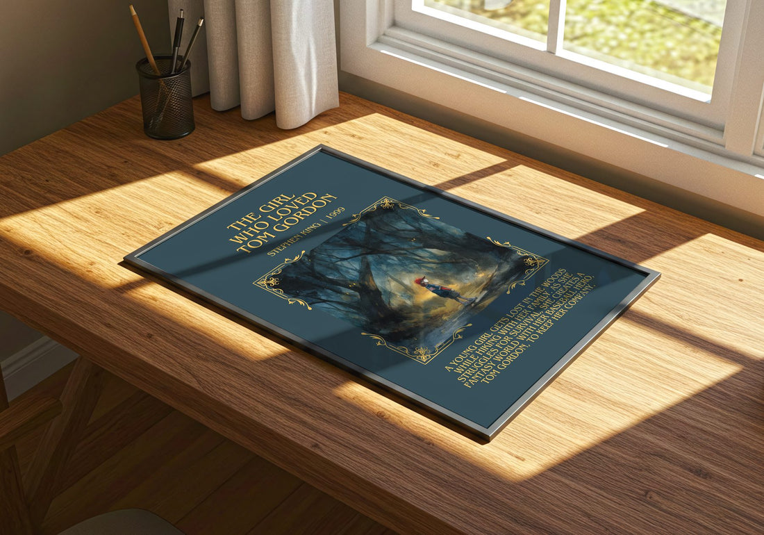 The Girl Who Loved Tom Gordon Minimalist Book Poster by Stephen King – print on a sunlit desk