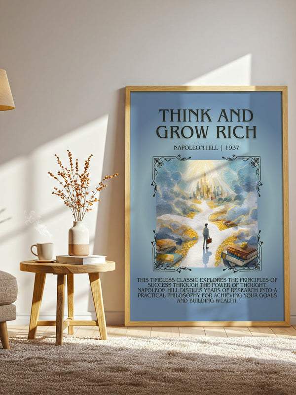 Think and Grow Rich minimalist print in frame leaning in hallway – non fiction wall art