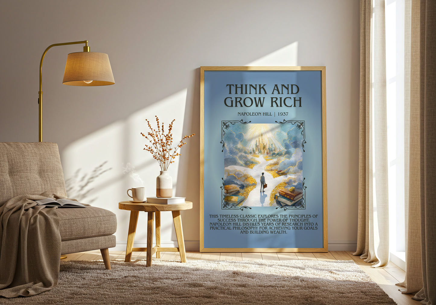 Think and Grow Rich minimalist print in frame leaning in hallway – non fiction wall art