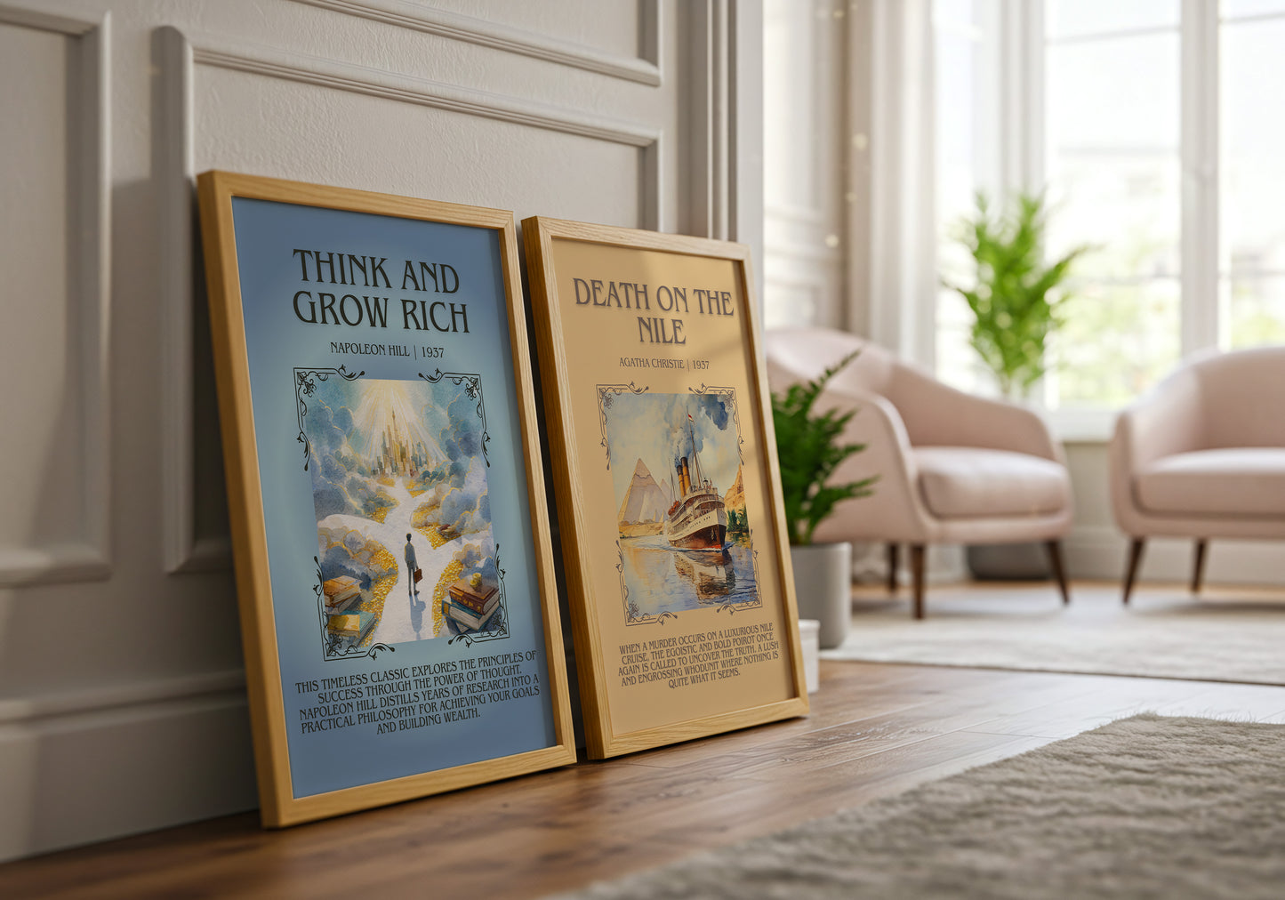 Think and Grow Rich minimalist print framed by window – literary home decor