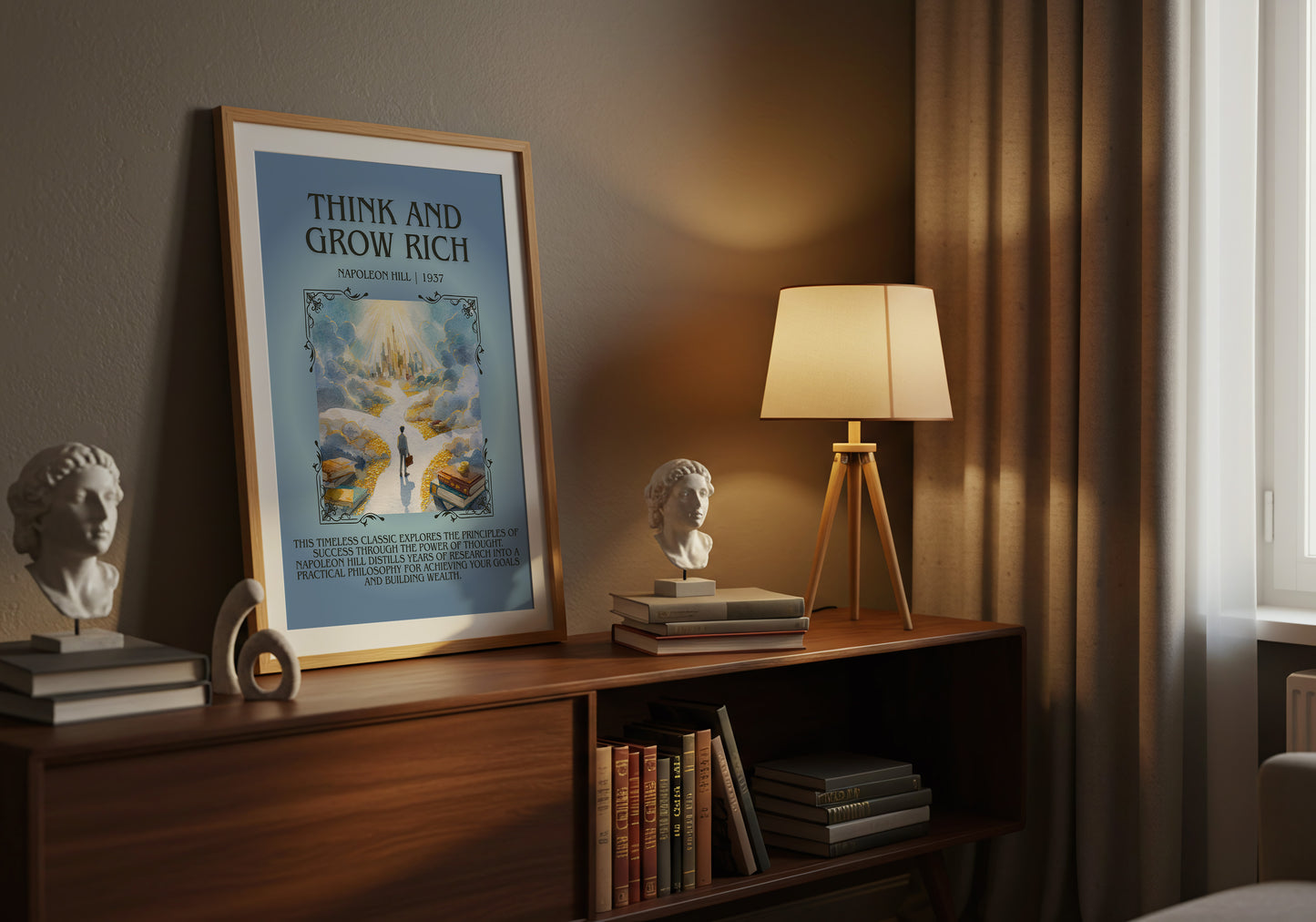 Think and Grow Rich minimalist book poster framed on wall – non fiction wall art