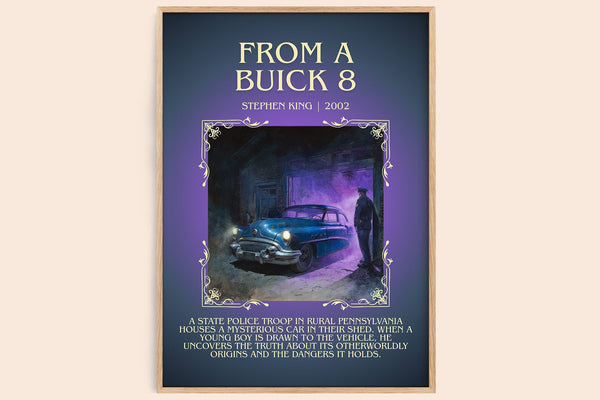 From a Buick 8 minimalist book poster by Stephen King – framed literary art print
