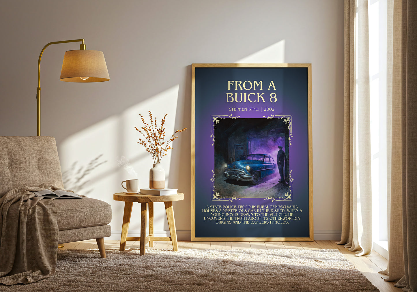 From a Buick 8 minimalist print in frame leaning in hallway – horror wall art