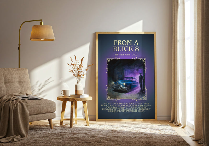 From a Buick 8 minimalist print in frame leaning in hallway – horror wall art