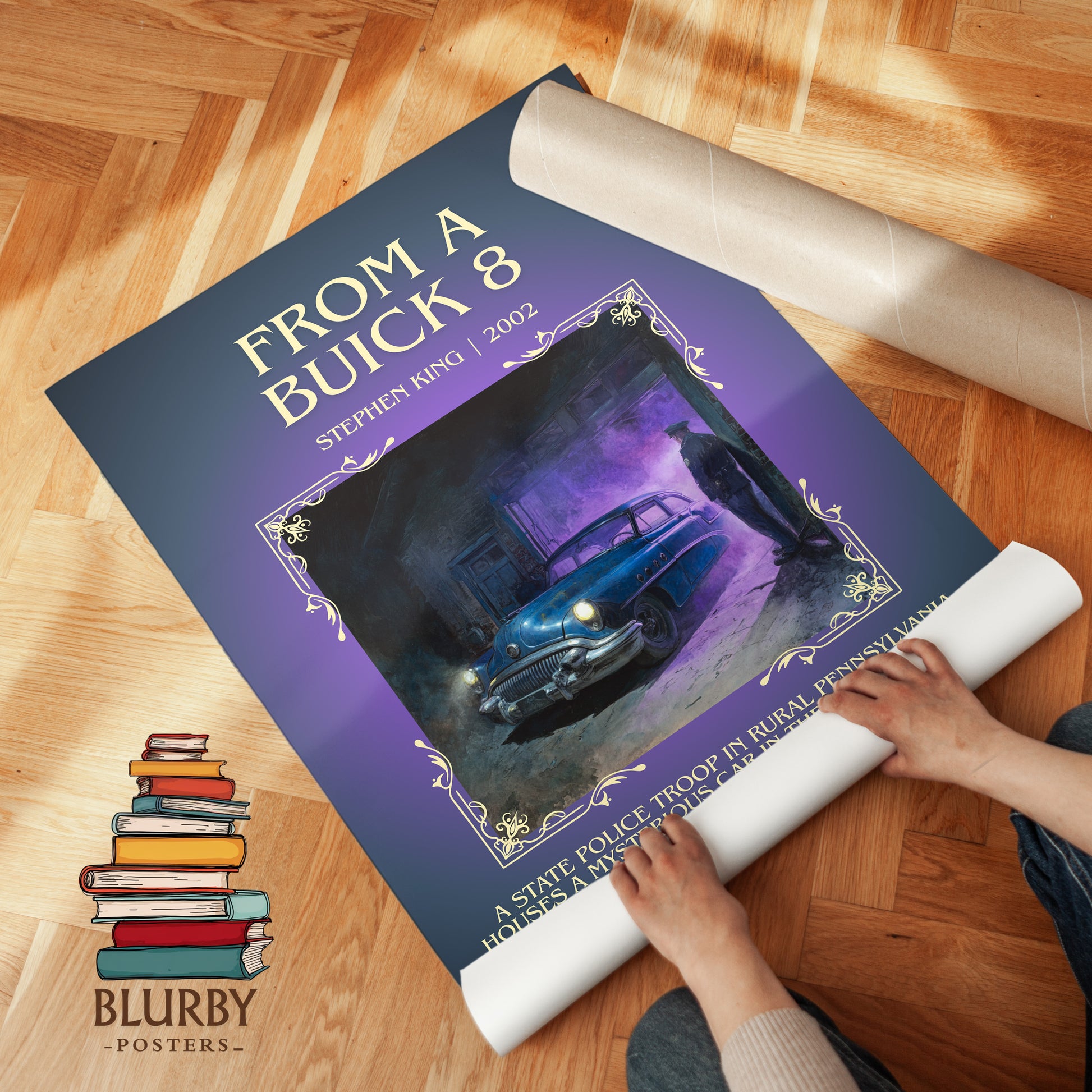 From a Buick 8 minimalist print on bookshelf – Stephen King fan gift
