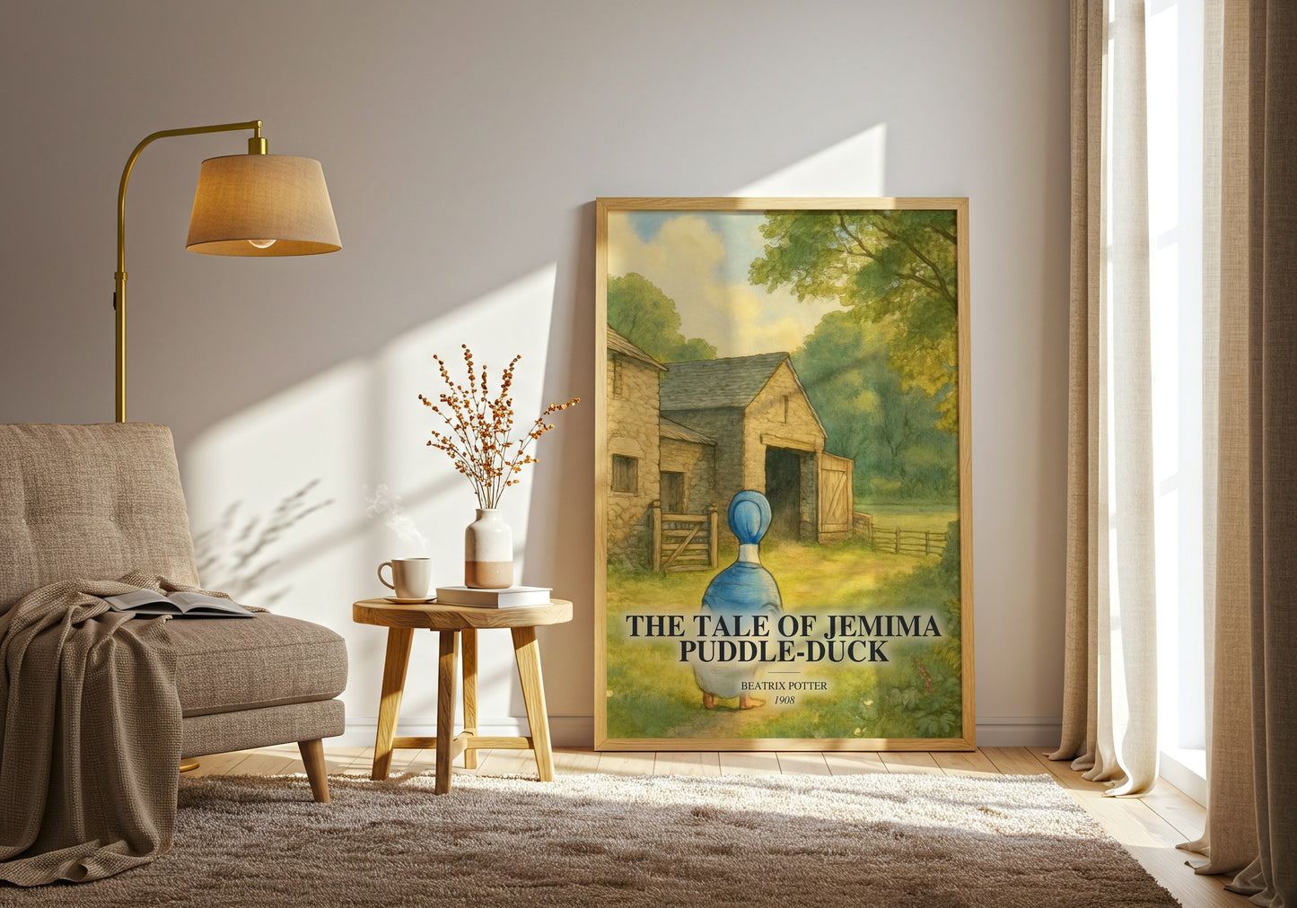 The Tale Of Jemima Puddle-Duck watercolour print in frame leaning in hallway – childrens wall art