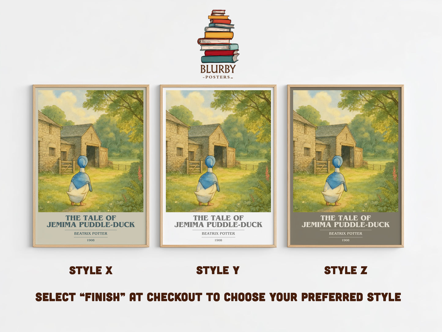 The Tale Of Jemima Puddle-Duck book cover print in frame leaning in hallway – childrens wall art
