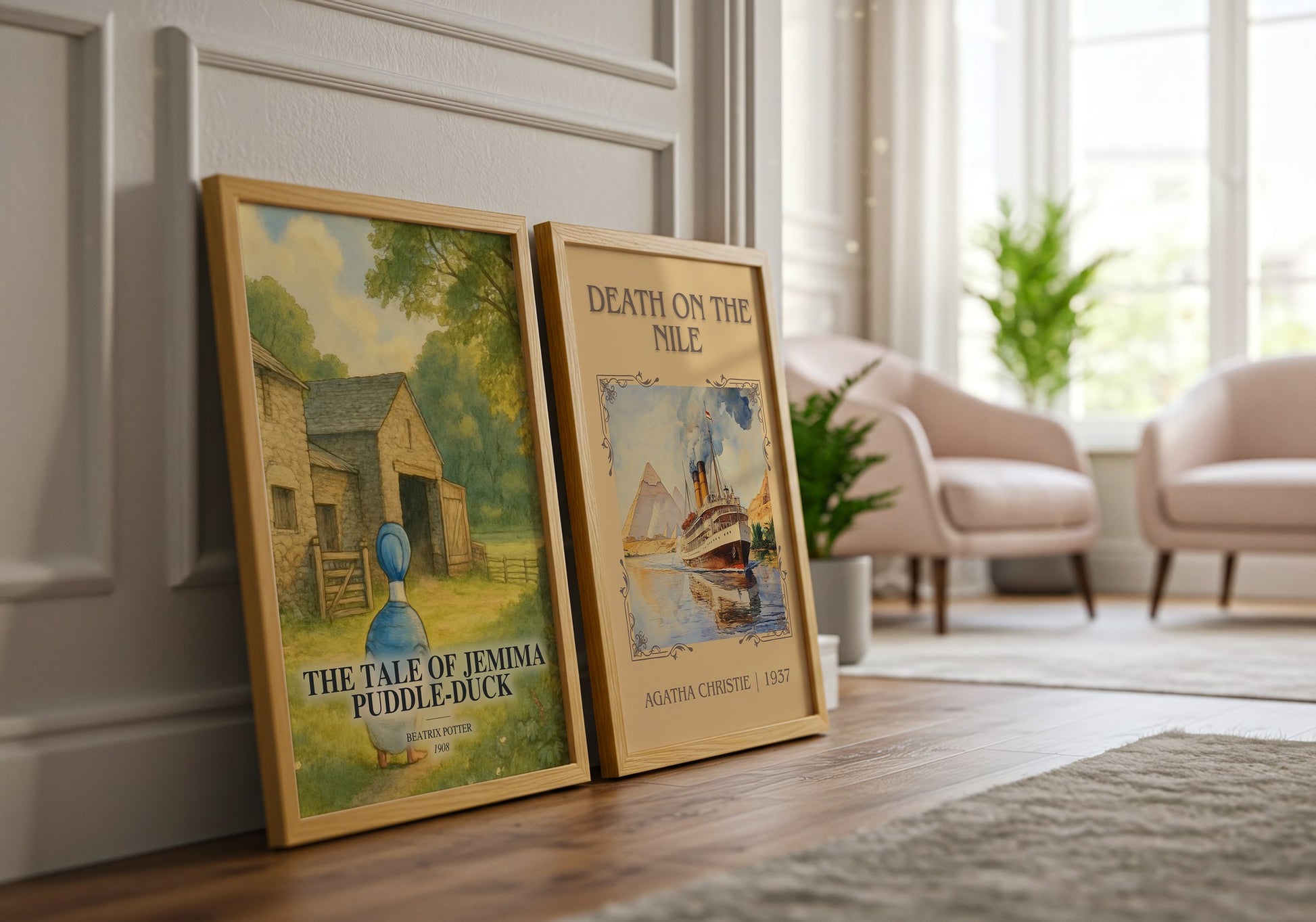 The Tale Of Jemima Puddle-Duck watercolour print framed by window – literary home decor
