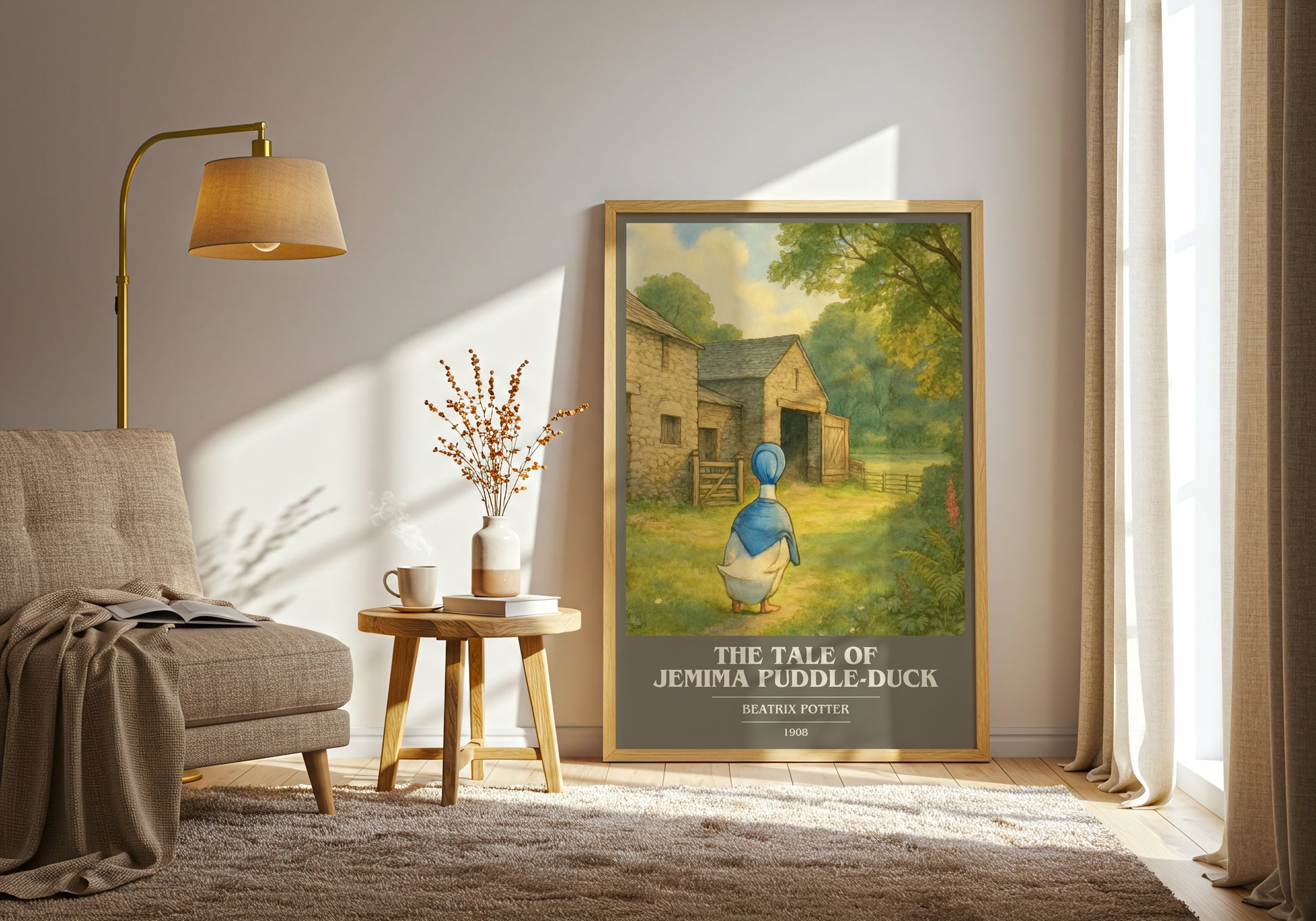 The Tale Of Jemima Puddle-Duck book cover print on bookshelf – Beatrix Potter fan gift
