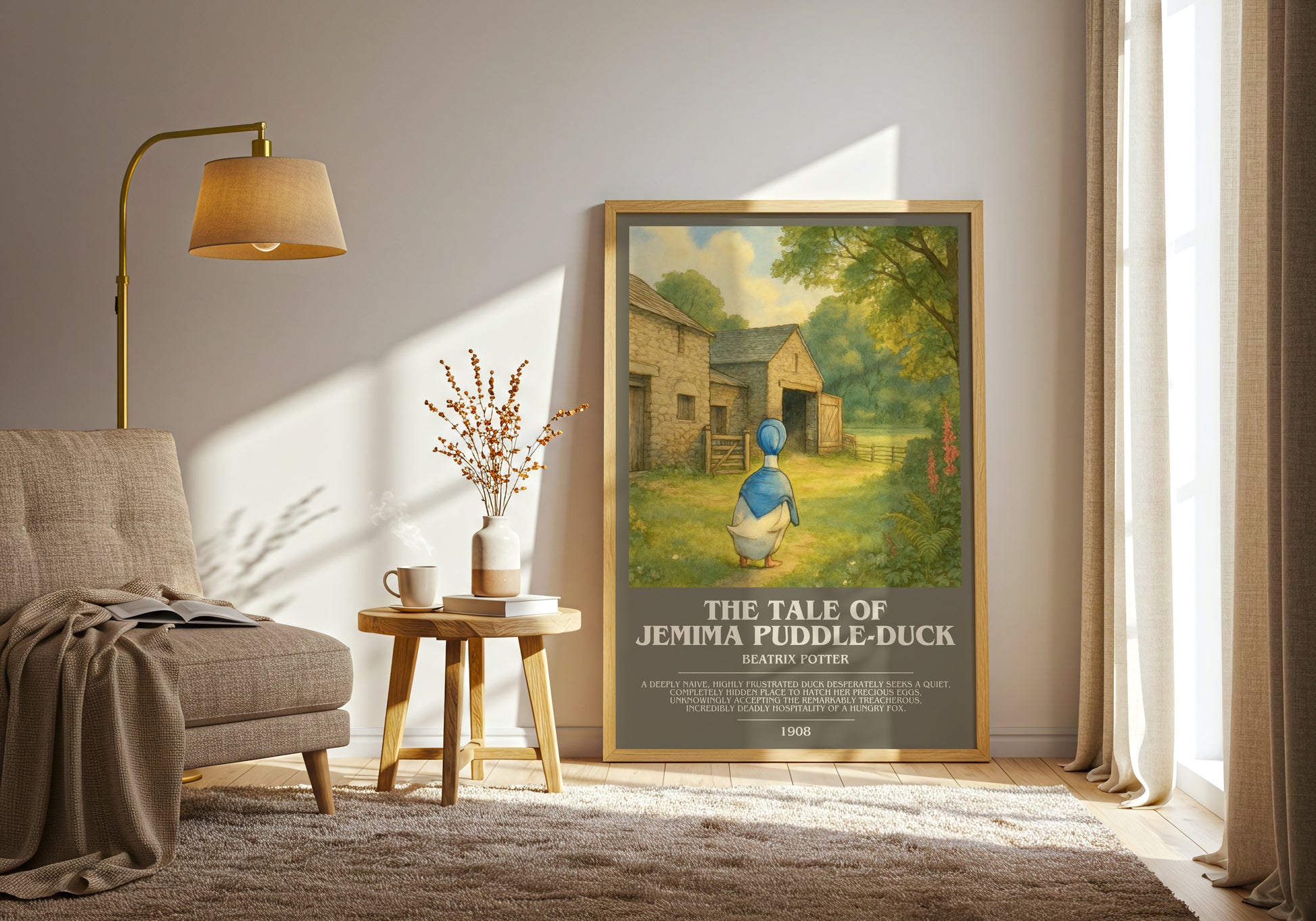 The Tale Of Jemima Puddle-Duck bookish print on bookshelf – Beatrix Potter fan gift