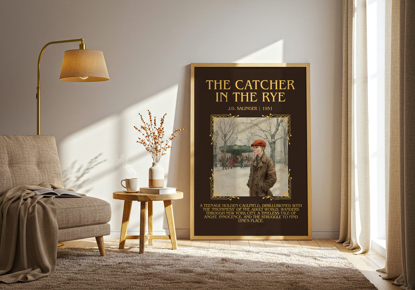 The Catcher in the Rye minimalist print in frame leaning in hallway – coming of age wall art