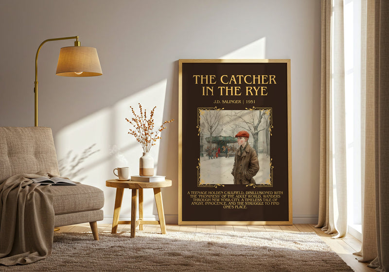 The Catcher in the Rye minimalist print in frame leaning in hallway – coming of age wall art