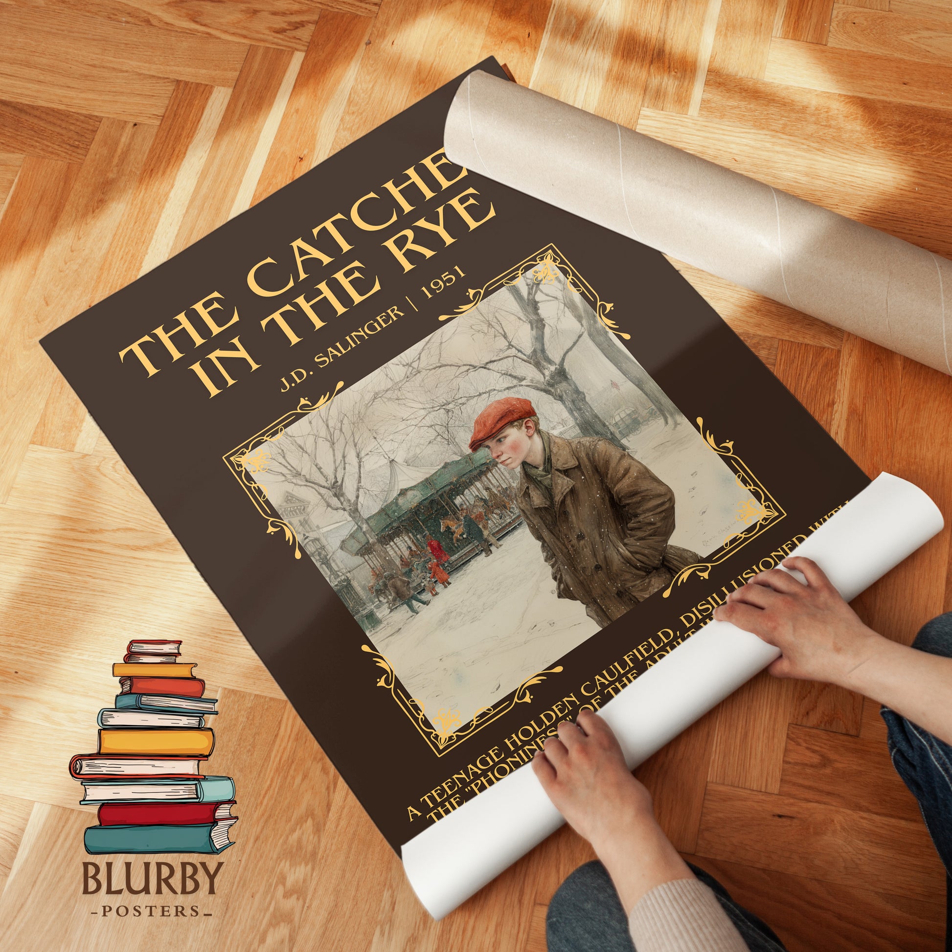 The Catcher in the Rye minimalist print on bookshelf – J. D. Salinger fan gift
