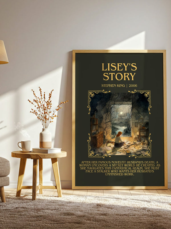 Lisey's Story minimalist print in frame leaning in hallway – horror wall art