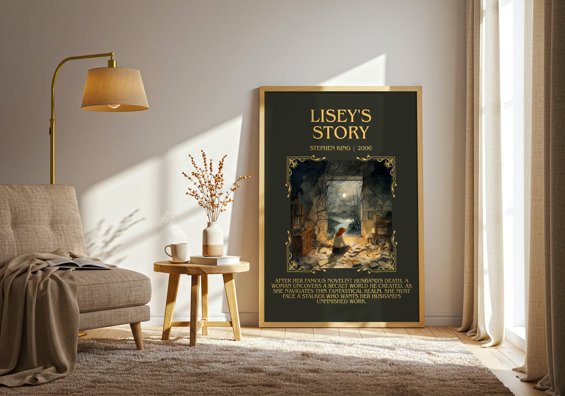 Lisey's Story minimalist print in frame leaning in hallway – horror wall art