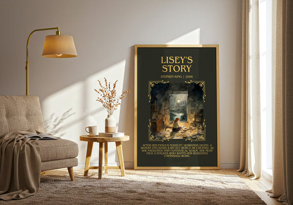 Lisey's Story minimalist print in frame leaning in hallway – horror wall art