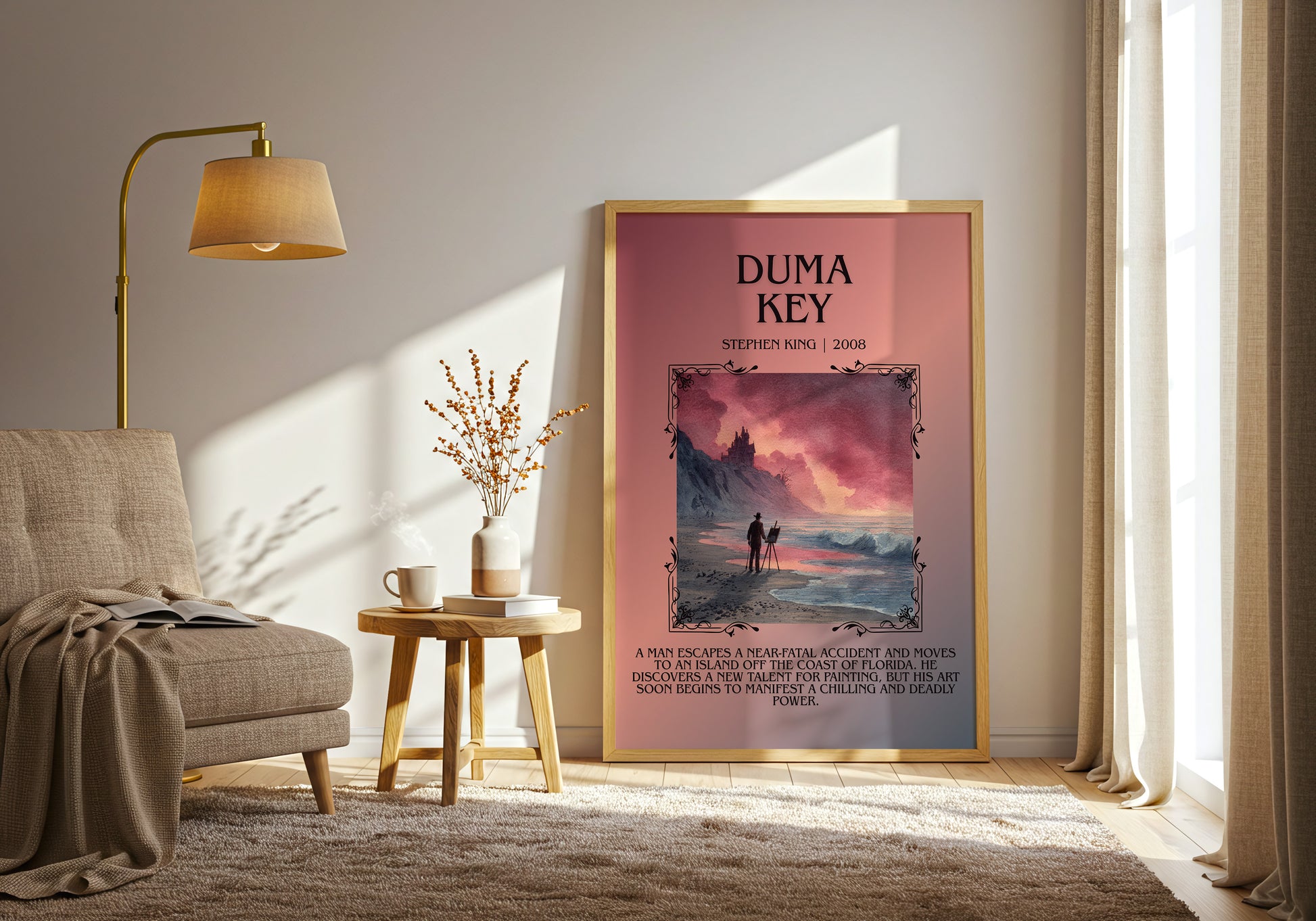 Duma Key minimalist print in frame leaning in hallway – horror wall art