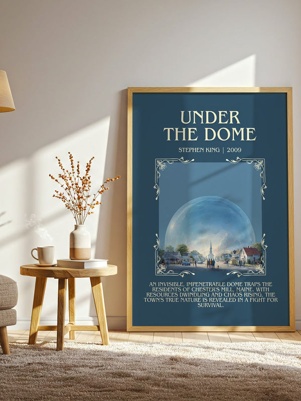 Under the Dome minimalist print in frame leaning in hallway – thriller wall art
