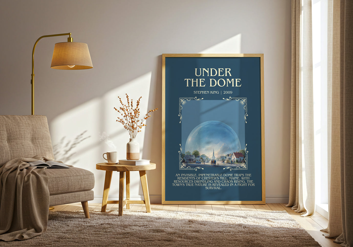 Under the Dome minimalist print in frame leaning in hallway – thriller wall art