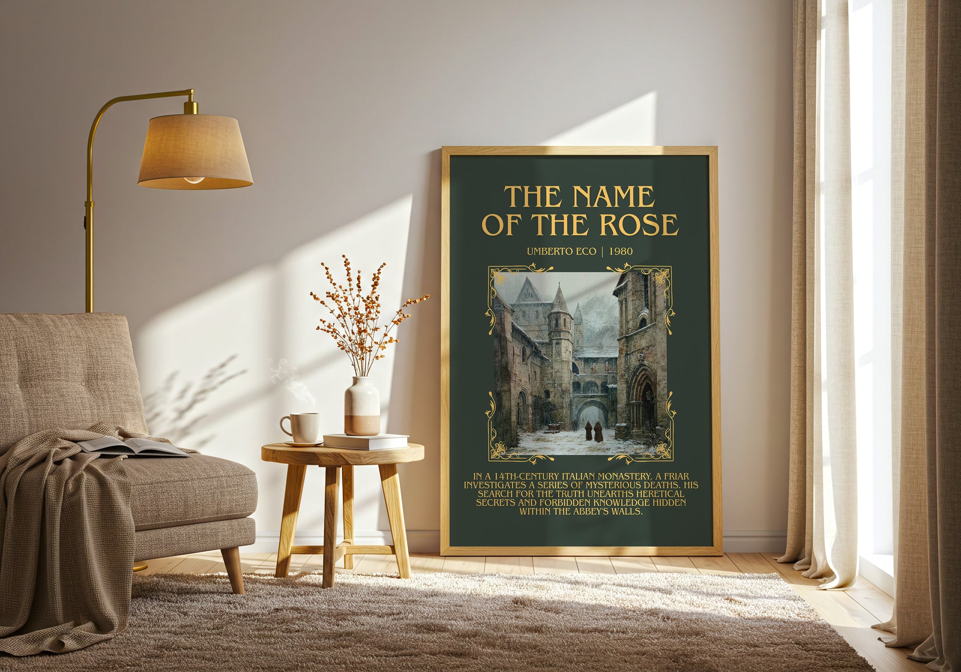 The Name of the Rose minimalist print in frame leaning in hallway – historical fiction wall art