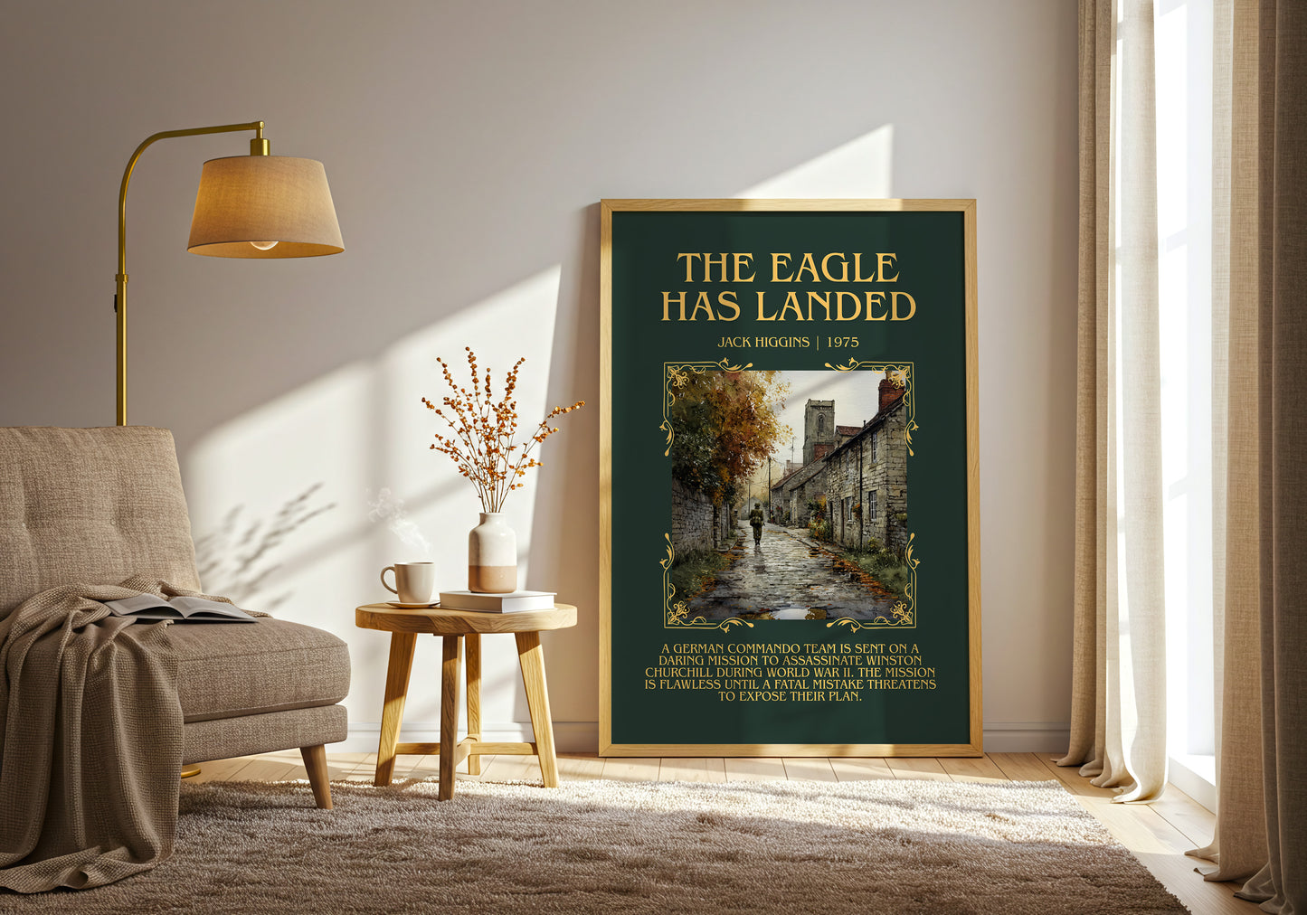 The Eagle Has Landed minimalist print in frame leaning in hallway – thriller wall art