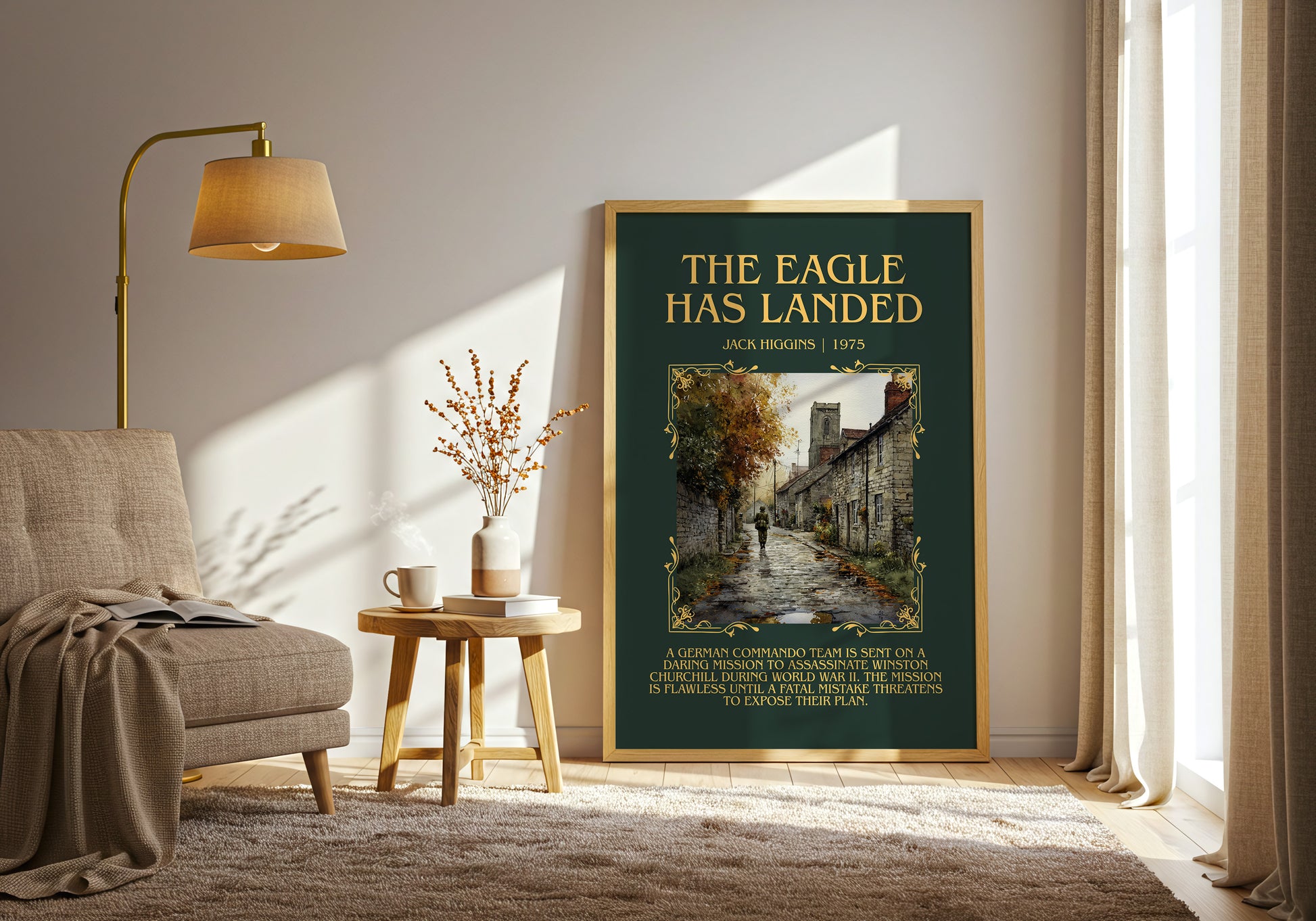 The Eagle Has Landed minimalist print in frame leaning in hallway – thriller wall art