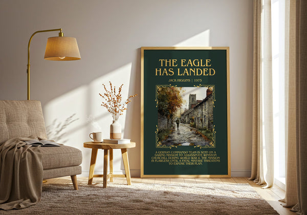 The Eagle Has Landed minimalist print in frame leaning in hallway – thriller wall art