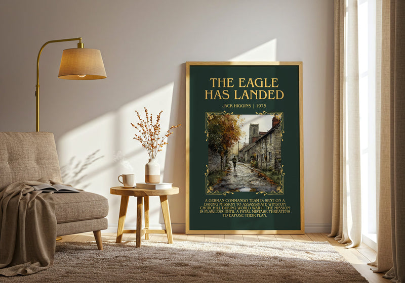 The Eagle Has Landed minimalist print in frame leaning in hallway – thriller wall art