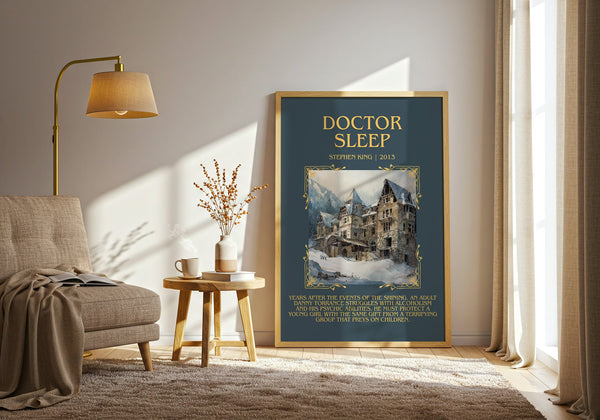 Doctor Sleep minimalist print in frame leaning in hallway – horror wall art