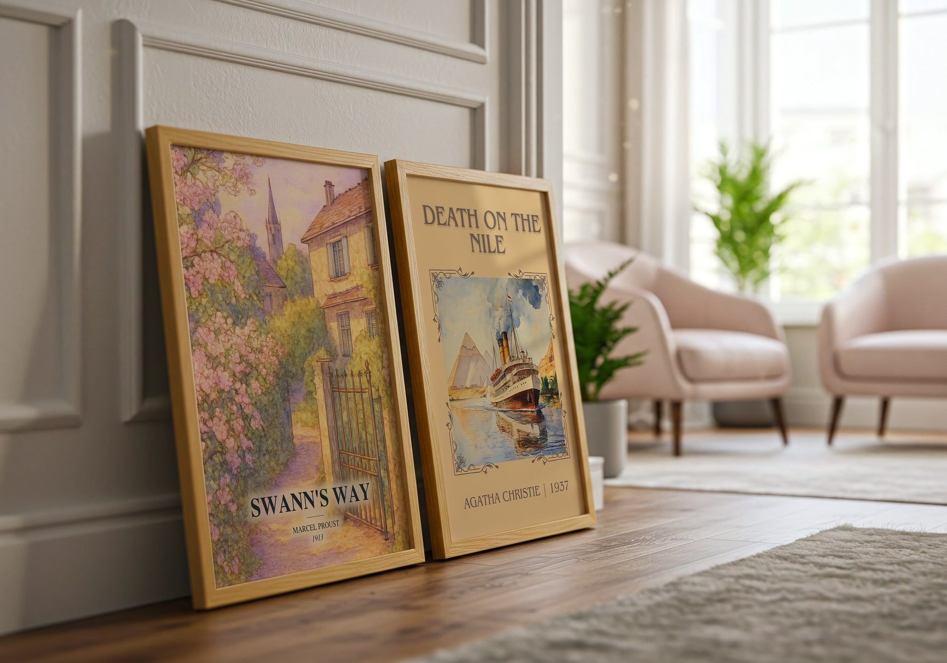 Swann'S Way watercolour print framed by window – literary home decor