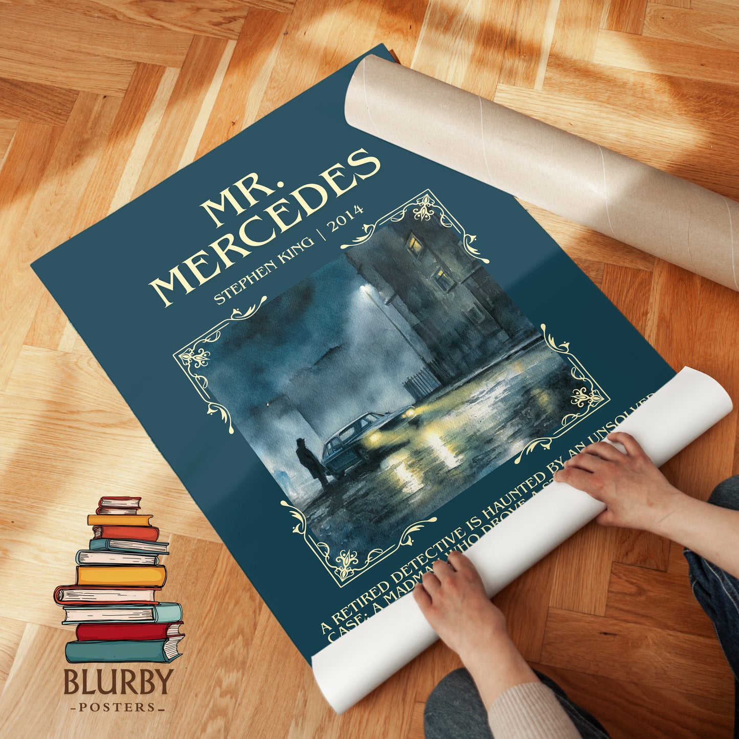 Mr. Mercedes minimalist print on bookshelf – Stephen King fan gift